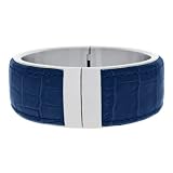 Ladies Wide Blue Leather & Stainless Steel Cuff Bracelet with Magnetic Lock