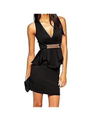 Sexy V-neck Scuba/Knit Plunging Neck Sleeveless Peplum Belted  Keyhole Bodycon Dress  With Ruffles