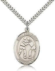 .925 Sterling Silver Saint St. Sebastian/Wrestling Medal Pendant 1/2 x 1/4 Inches Athletes/Soldiers-9171- Comes with a SS Lite Curb Chain Neckace And a Black velvet Box