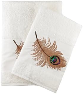Peacock Feather Embroidered Bath &amp; Hand Towel Set Best Quality Bathroom %100 Turkish Cotton By Ebru (Ecru)