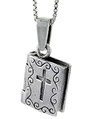 Sterling Silver Prayer Box Bible Shape with Obelisk Cross, 18 inch Box chain included