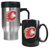 Calgary Flames - Stainless Steel Travel Mug & Black Ceramic Mug Set - Primary Logo