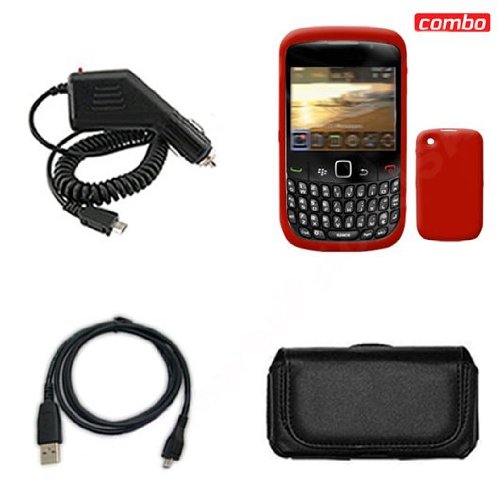 BlackBerry Gemini 8520/Curve 8530 Combo Trans. Red Silicon Skin Case Faceplate Cover + Rapid Car Charger + Black Horizontal Leather Pouch + USB Data Charge Sync Cable for BlackBerry Gemini 8520/Curve 8530