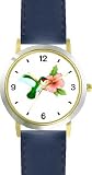 Red Throated Hummingbird or Humming Bird and Pink Hibiscus Flower - JP - WATCHBUDDY&reg; DELUXE TWO-TONE THEME WATCH - Arabic Numbers - Blue Leather Strap-Size-Children's Size-Small ( Boy's Size & Girl's Size )