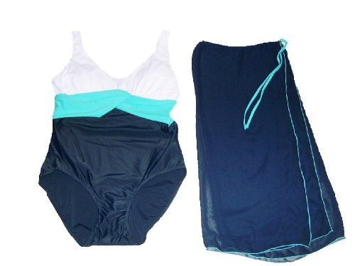 Womens Plus Size One Piece Tank Swimsuit - with Wrap Coverup Ybl - Navy white turq product image