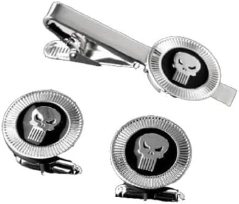 Fashion Jewelry ~ Silvertone Punisher Tie Clips &amp; Cufflinks Set (A89)