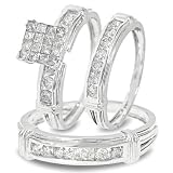 1 1/4 Carat T.W. Round Princess Cut Diamond Trio Matching Wedding Ring Set 14K White Gold Three Ring - Ladies Engagement Ring, Wedding Band & Mens Wedding Band - Free Gift Box -