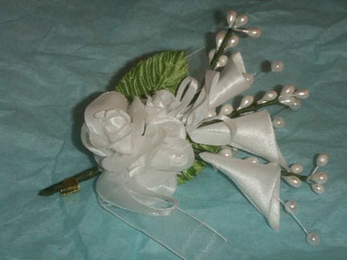 3 White Silk Satin Pearl Corsage & Roses & Cala Lilies