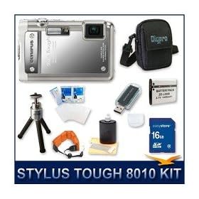 Olympus Stylus Tough-8010 Digital Camera (Silver), 14 Megapixel, 28mm 5X Optical Zoom, 2.7" LCD Screen, Waterproof to 33', 16 GB Memory Card, Card Reader, Li-ion Battery, Deluxe Carrying Case, Tripod, Screen Protectors, and Lens Cleaning Kit