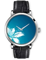 SPRAWL Aanalog Fashion Series Silver Ladies Watches of Genuine Black Leather Strap,Unique Wrist Watch for Women Girls Designed with Shading a lily on blue background