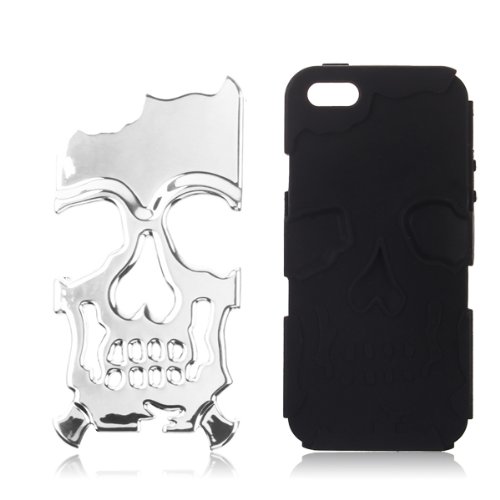 Sanheshun 2in1 Hybrid Silicone&Chrome Plated Skull Back Case Cover Skin Compatible with Apple iPhone 5 5G 5S (Silver)