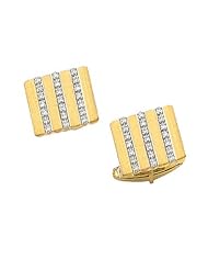 14K Gold Rectangle Cufflinks With Three Diamond Bars In Center