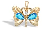 14K Yellow Gold Genuine Pear Blue Topaz and Diamond Butterfly Pendant