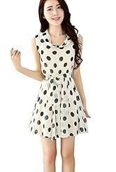 Cowl Neck Scoop Neck Elasticized   Waistline Polka Dot Print Pleated Chiffon/Polyester  Dress With a Sash 