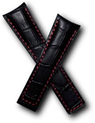 Black Alligator-style leather strap with red stitching to fit TAG Heuer Grand Carrera models listed below