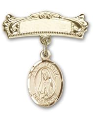 14K Gold Baby Badge with St. Martha Charm and Arched Polished Badge Pin