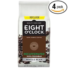 Eight O'Clock Coffee, 100% Colombian Decaf Whole Bean, 12-Ounce Bags (Pack of 4)