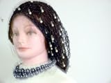 Sn57, Hand Crocheted Black Gimp Large Snood Trimmed with Cultured Ivory Pearls for Women in Combination with Onyx Graduated Black Pearl Necklace and Matching Earrings