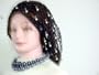 Sn57, Hand Crocheted Black Gimp Large Snood Trimmed with Ivory Pearls for Women in Combination with Onyx Graduated Black Pearl Necklace and Matching Earrings on Clips