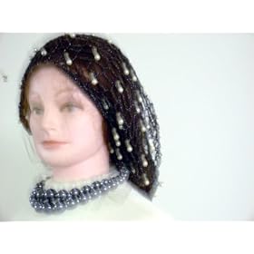 Sn57, Hand Crocheted Black Gimp Large Snood Trimmed with Cultured Ivory Pearls for Women in...