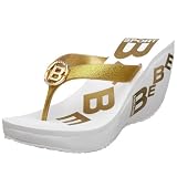 BEBE SPORT Women's Flirty Glitter Thong Wedge,White/Gold,6 M