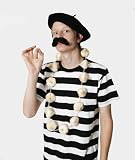 FRENCHMAN 4 PIECE COSTUME ,BERET ,STRIPY COTTON MIX T-SHIRT,MOUSTASHE & ONION NECKLACE GARLAND SIZE MEDIUM