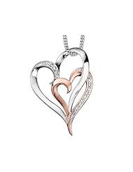 Double Heart Diamond Pendant Necklace in 10K Rose and White Gold with Chain