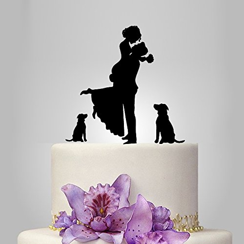 Custom Wedding Cake Topper - Bride & Groom Silhouette With 2 Dogs, Acrylic Or Wood, Laser Cut - View #5