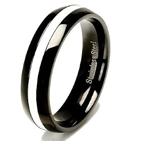 Black Stainless Steel Single White Stripe Inlay Wedding Band Ring 8mm, 8
