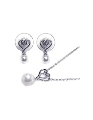 Nickel Free Sterling Silver Pendant & Earring Sets White Pearl Like Matching Set White Pearl Like Earring And Necklace Set With Open Heart Design