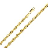14K Yellow Gold 4mm Diamond-Cut Hollow Rope Chain Necklace with Lobster Claw Clasp