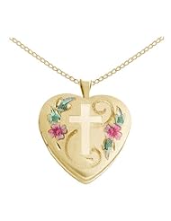 Gold Plated Silver Cross with Flowers and Leaves Heart Locket Pendant Necklace, 18"