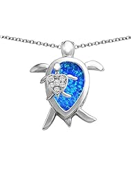 Original Star K (tm) Large Mother and Baby Turtle family Pendant with 12x8mm Pear Shape Created Blue Opal in 925 Sterling Silver