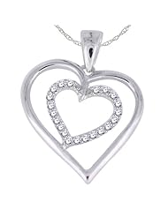 Sterling Silver White Diamond Dangling Double Heart Pendant Necklace, 18"