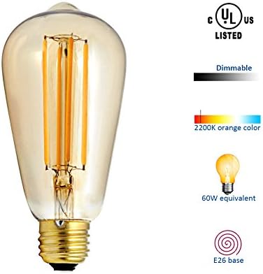 MXTC 5w Tinted Vintage Edison Led Filament Bulb 60 Watts Equivalent, Dimmable, 2200K Soft white, E26 Base, UL Listed, 4-Pack, ST64-5w-4pcs