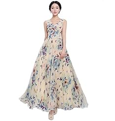 Sexy V-neck Flared-Skirt Sleeveless Floral Print Illusion Summer Chiffon/Cotton Maxi Dress  With a Ribbon 