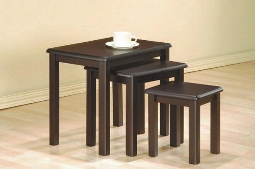 Kitchen: Set of 3 espresso finish wood nesting table set with smooth rounded edges