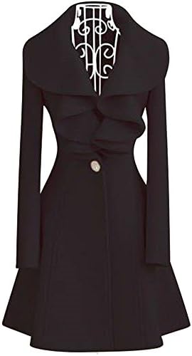 Gloshop Women's Slim Fit Ruffle Winter Woolen Jacket Coat Long Trench Overcoat Outwear Black L