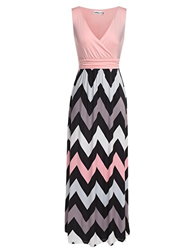 HOTOUCH Women's Patchwork Sleeveless Ruched Waist Striped Chevron Maxi Dress