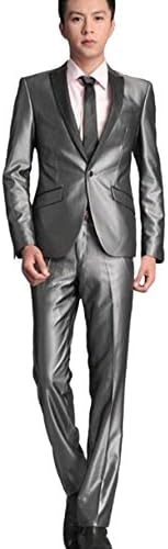 HAOYU Men's Wedding Business shiny two-piece Suits ( Jacket + Pants） (S: chest 34" pants waist 28", Silver)