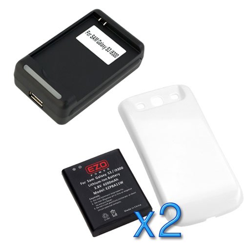 EZOPower 2x High Capacity Extended Replacement Battery (4200mAh) wihe White Door + Battery Wall Charger with USB Port 800mA for Samsung Galaxy S3 SIII i9300 (AT&T i747, T-Mobile, Sprint, Verizon) Android Phone