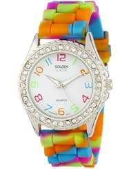 Golden Classic Womens 2297-P "Colors Galore" Rhinestone Encrusted Bezel Multi-Colored Silicone Watch