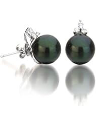 14k White Gold 9-10mm Black Freshwater Cultured Pearl Earrings with Diamonds AAA quality