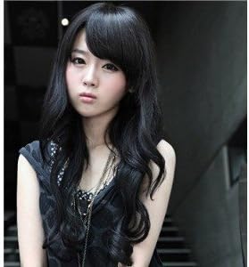 Fashion Girls and Women Sexy and Charming Long Wavy Hair Wig - Neat Bangs - Long Full Hair (0001, black)