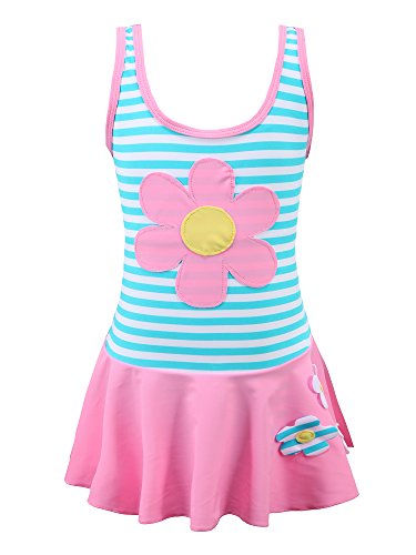 Chrysea Girls Stripe Swimwear One-piece Swimsuit with Flowers Applique (8-9 Years, Pink)
