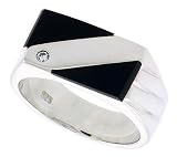 Sterling Silver Gents' Double Triangle Black Onyx Ring, w/ 3 Light Grooves At one Side & 1 CZ Stone, 3/8 (10mm) wide