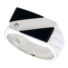 Sterling Silver Gents' Double Triangle Black Onyx Ring, w  3 Light Grooves At... by Sabrina Silver