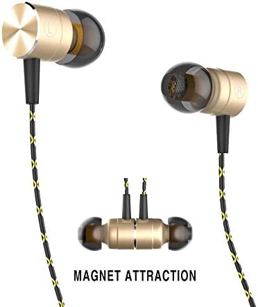 Headphones,Magnet Attraction In-Ear Earbuds Headset with Mic Microphone and Volume Control Heavy Stereo Bass with 3.5mm Jack (Golden)