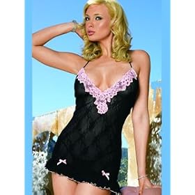 2Pc Boudoir Rose Lace Mini Dress With Contrast Lace Trim And G-String (Black/Baby Pink-One Size)