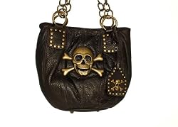 Real Leather Rocker Handbag Metal Skull Crossbones Chains